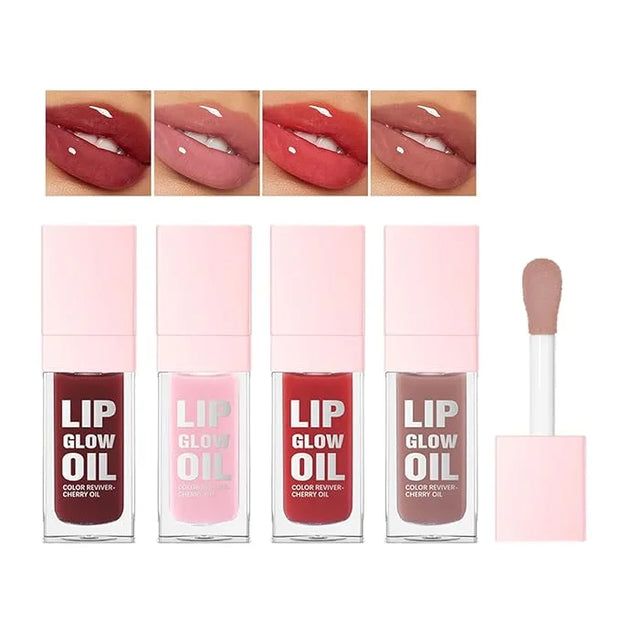 Glow Lip Oil Set, 4 Colors Tinted Glow Lip Oil Set, Hydrating Transparent Moisturizing Plumping Non-Sticky Big Brush Head ...