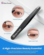 Expert Slant Tip Tweezers with Leather Case, GlamTweeler Sharp & Precision Stainless Steel Tweezer for Eyebrows, Facial Ha...