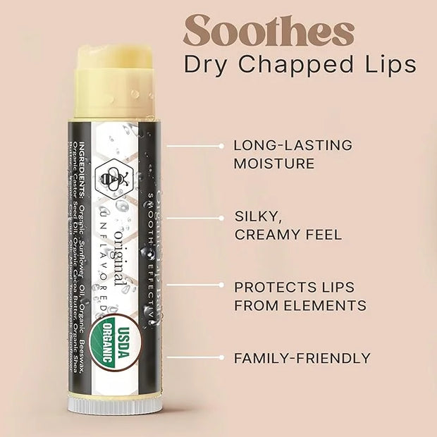 USDA Organic Lip Balm - USA Made with Natural Ingredients, 4 Pack Unflavored Chapstick for Dry Lips, Birthday Gifts for He...