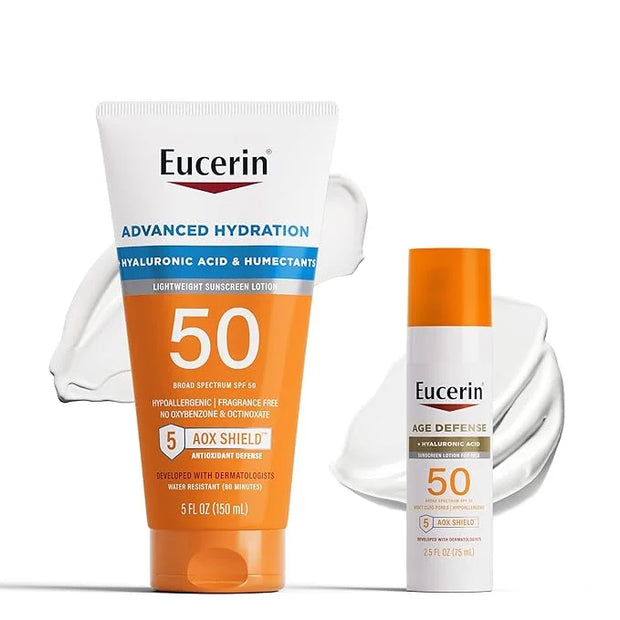Eucerin Sun Sunscreen Pack with Hyaluronic Acid, Advanced Hydration SPF 50 Sunscreen Lotion, 5 Fl Oz Tube + Age Defense Fa...
