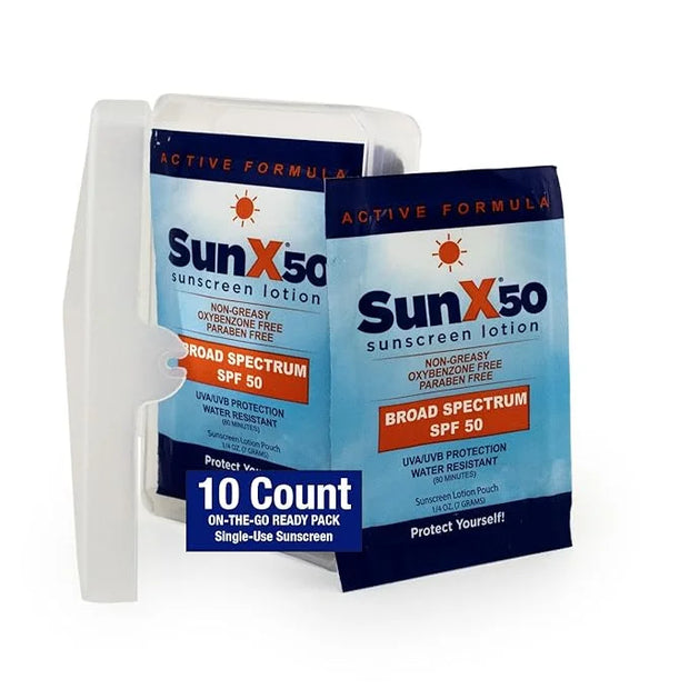 CoreTex Sun X 50 SPF Individual Sunscreen Packets Travel Size (10ct. with Carrying Case) - Free of Parabens, Oxybenzone, O...