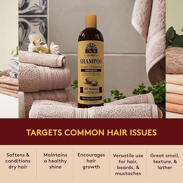 Okay for MEN Castor Oil Hair & Beard Shampoo - Hydrating Shampoo for Healthy Hair & Beard Growth, Moisturizing Care, Stren...