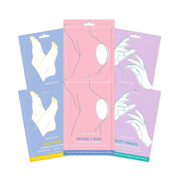 FACETORY Body Spa Sheet Mask Bundle Variety Pack of 6 with Korean Sheet Masks for Feet, Hands, and Butt - Softening, Hydra...