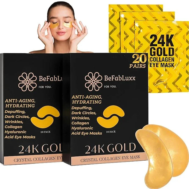 24K Gold Under Eye Patches (20 Pairs) Anti-Aging, Hydrating, Depuffing, Dark Circles, Wrinkles, Collagen & Hyaluronic Acid...
