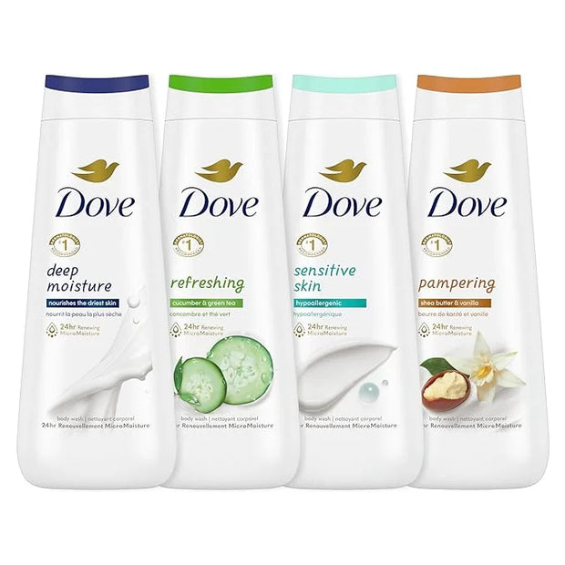 Dove Body Wash Deep Moisture, Sensitive Skin, Cucumber and Green Tea, and Shea Butter & Vanilla Collection 4 Count Skin Cl...