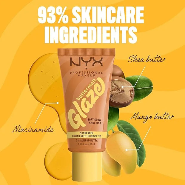 NYX PROFESSIONAL MAKEUP Buttermelt Glaze Soft Glow Skin Tint + SPF 30, Up To 12HR Wear, 04 Almond Butta - Product Image