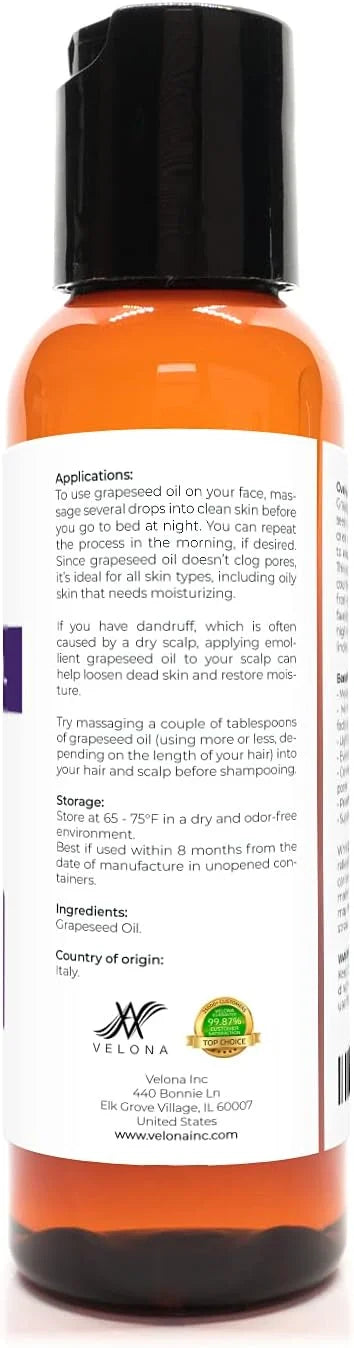 Grapeseed Oil by Velona - 2 fl oz | 100% Pure and Natural Carrier Oil | Refined, Cold Pressed | Cooking, Skin, Face, Body,...