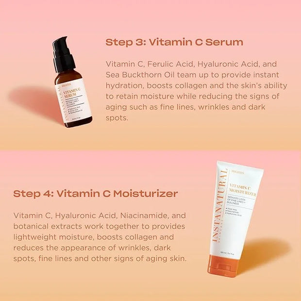 InstaNatural Vitamin C Four Step Skin Care Set, Skincare Routine, Brightens, Hydrates, Prevents Signs of Aging, Face Wash,...