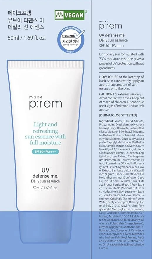 MAKEPREM UVA UVB Defense Me Daily Sun Essence VEGAN Makeup Sunscreen Gel SPF 50+ PA++++ 1.69 Fl Oz Reef-Safe Moisture Sunb...