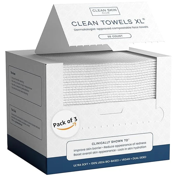 Clean Skin Club Clean Towels XL™️, 100% USDA Biobased Face Towel, Disposable Face Towelette, Eczema Association Accepted, ...