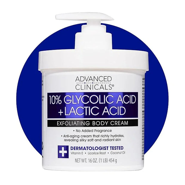 Advanced Clinicals 10% Glycolic Acid + Lactic Acid Lotion Exfoliant Moisturizing Cream With Hyaluronic Acid Moisturizer | ...