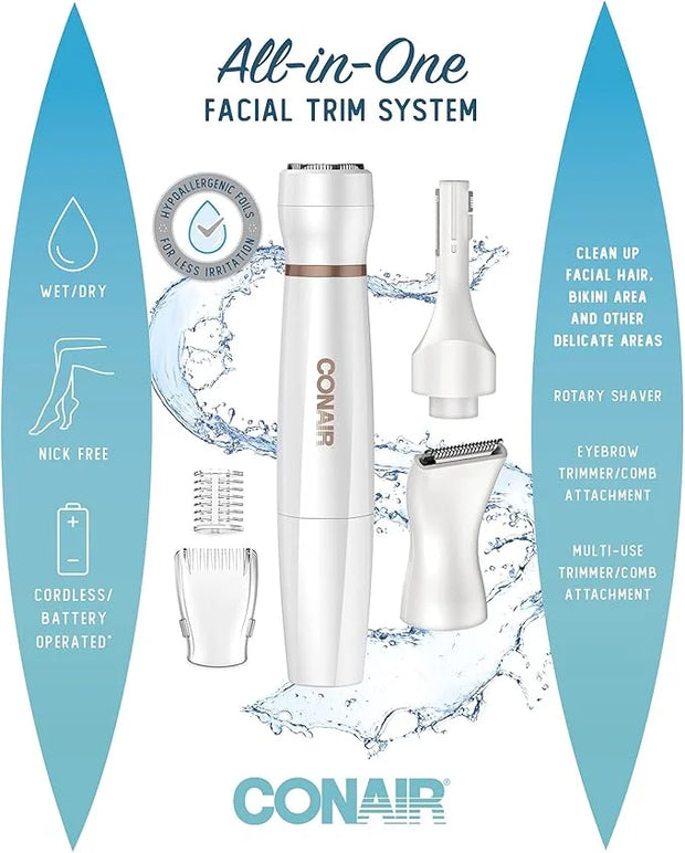 Conair All-In-1 Facial Hair Removal for Women, Cordless Electric Trimmer, Perfect for Face, Ear/Nose, Eyebrows, and Bikini...