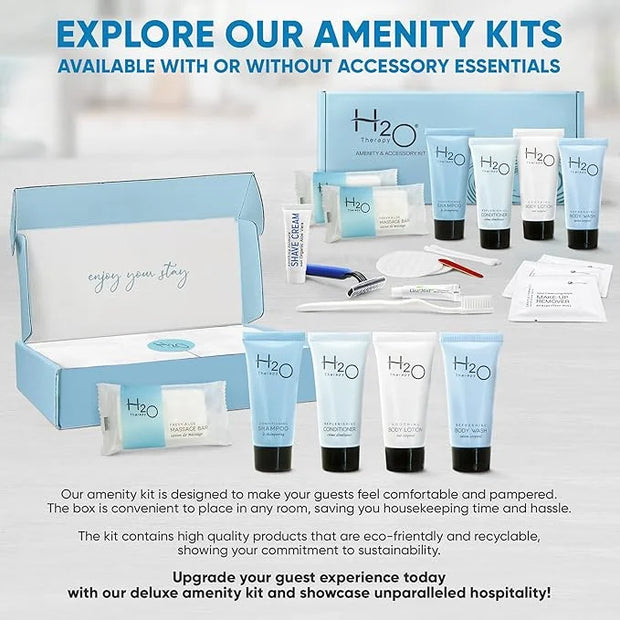 H2O Therapy Amenity Kit | Hotel Bulk Toiletries | 0.85 oz Shampoo, Conditioner, Lotion, Body Wash, Body Bar Soap for Guest...