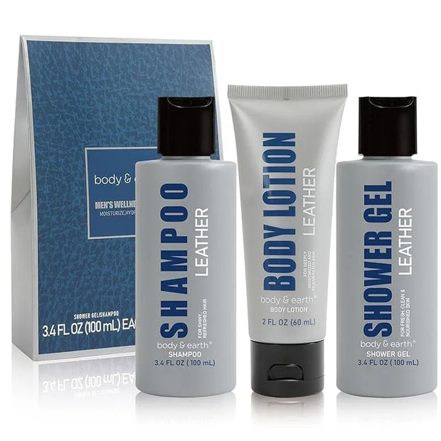 Bath and Body Gift Set for Men Self Care Kit with Leather Scent Shower Gel, Body Lotion, Shampoo, Self care gifts for Men,...