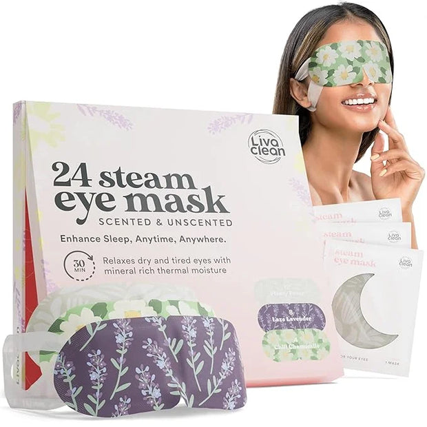 LivaClean 24 Steam Eye Mask for Dry Eyes, Dark Circles & Puffiness, Warm & Self Heating, Ear Hooks to Stay On, Lavendar, C...