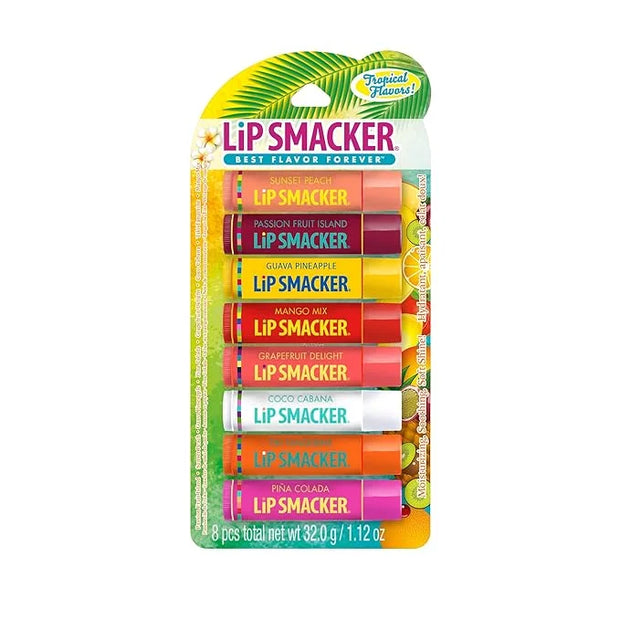 Lip Smacker Flavored Lip Balm Tropic Fever 8 Count (Pack of 1), Passion Fruit, Peach, Breezey-Teazey, Pina Colada, Grapefr...