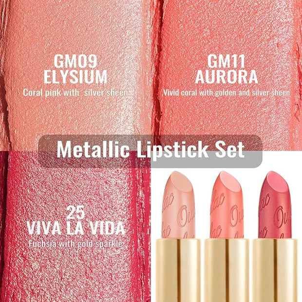 Oulac Metallic Coral Lipstick Set 3PCS High Impact Lipcolor with Moisturizing Formula, Vegan Beauty, Full-Coverage Lip Col...