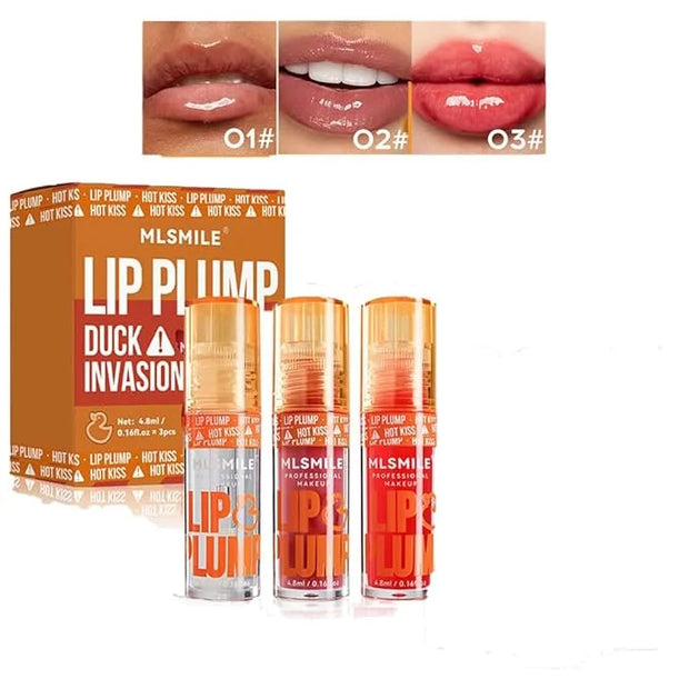 3 Colors Duck Lip Plumper Gloss, Glitter Shine Primer Lip Tint Korean Clear Plumping Lip Gloss, High Pigment No Sticky Lip...
