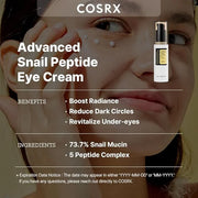 COSRX Snail Mucin Peptide Under Eye Cream, 0.84 fl oz, 73.7% Snail Mucin and Niacinamide, Eye Care, Eye Cream Anti Aging, ...