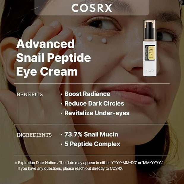 COSRX Snail Mucin Peptide Under Eye Cream, 0.84 fl oz, 73.7% Snail Mucin and Niacinamide, Eye Care, Eye Cream Anti Aging, ...