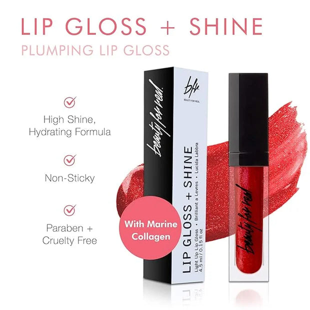 Beauty For Real Lip Gloss + Shine, Light My Fire - Opaque Everyday Red - Non-Sticky Plumping & Hydrating Gloss - Light & M...