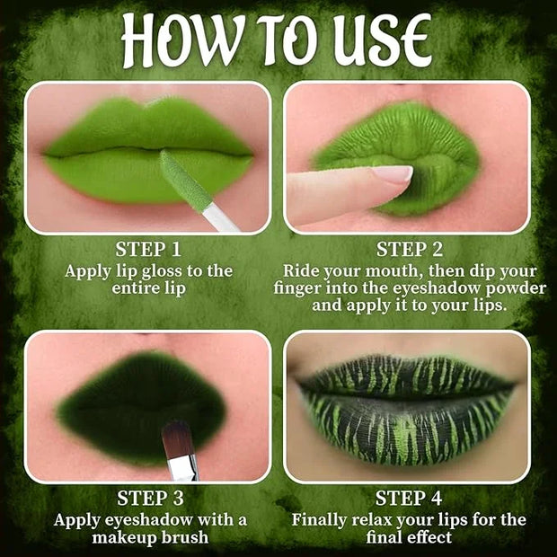 Green Matte Liquid Lipstick Set with Black Eyeshadow Powder, Halloween Goth Lip Gloss Waterproof Longlasting DIY Cute Uniq...