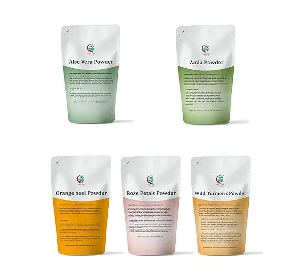 Herbal Skin Care Set | 5 powders in One Pack | Aloe vera, Amla, Orange Peel, Rose & Wild Turmeric powders | 100g Each | DI...