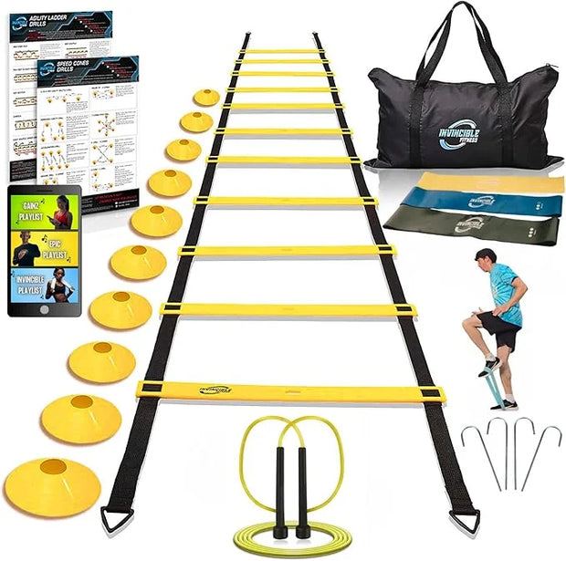 Invincible Fitness Agility Ladder Set - Enhance Speed 10 Cones, 4 Hooks, 3 Resistance (15ft) - Product Image