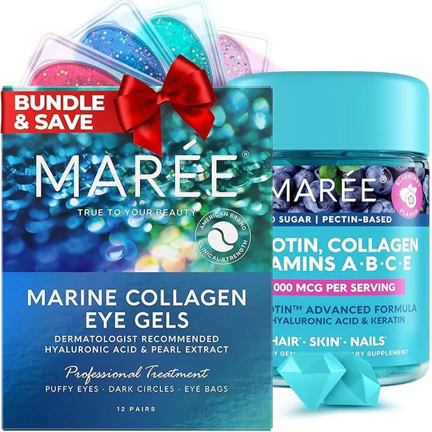 MAREE Beauty Bundle - Under Eye Gels & Biotin Gummies - Marine Collagen & Hyaluronic Acid, A B C E Vitamins Complex with K...