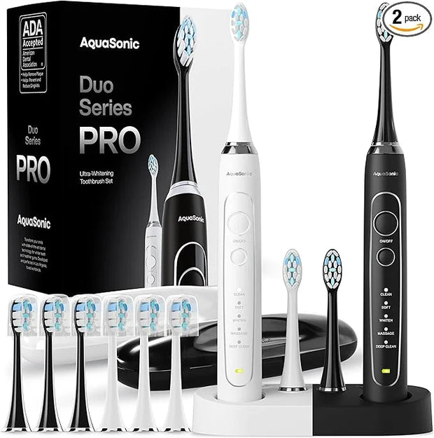 Aquasonic Duo Series PRO – Ultra-Whitening Electric Toothbrush Set – 5 Modes & Smart Timers – Premium Travel Cases & 10 Pr...