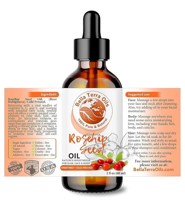 Bella Terra Oils Organic Rosehip Oil for Face, Pure Cold-Pressed Rose Hip Seed Oil for Skin & Hair, Natural Moisturizer & ...