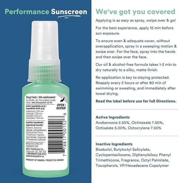 KINeSYS Performance Sunscreen Vanilla-Green Tea Scented Clear Spray, SPF 30, Hypoallergenic, Broad Spectrum UVA/UVB protec...