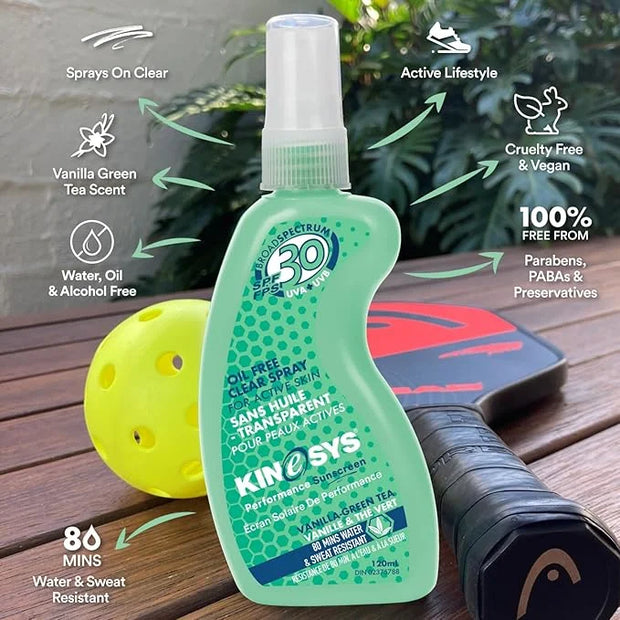 KINeSYS Performance Sunscreen Vanilla-Green Tea Scented Clear Spray Sunscreen, SPF 30, Hypoallergenic, Broad Spectrum UVA/...