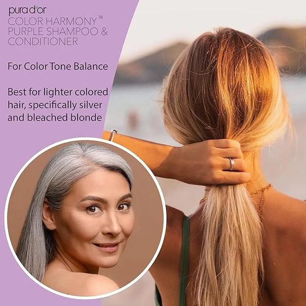 PURA D'OR Purple Shampoo & Conditioner (16oz x 2) ColorHarmony Biotin Set For Bleached, Blonde, Silver & Color Treated Hai...