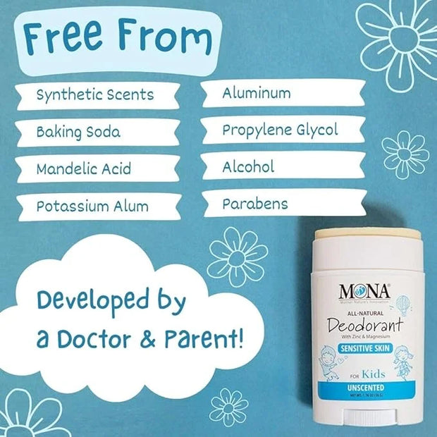 MONA Brands UNSCENTED All Natural Deodorant for Kids | Safe for Kids, Preteens, Teens, Boys and Girls | Baking Soda Free, ...