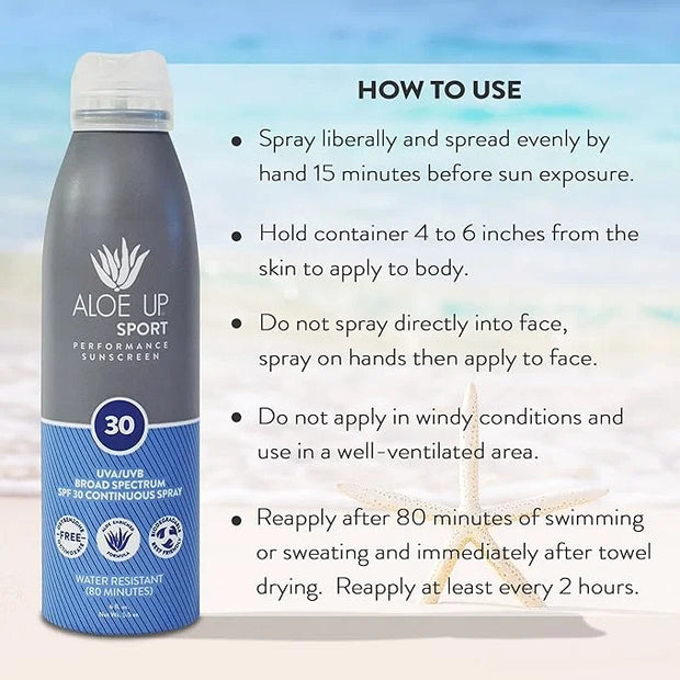 Aloe Up Sport Continuous Spray Sunscreen SPF 30 - Broad Spectrum UVA/UVB Sunscreen Protector for Face and Body - With Aloe...