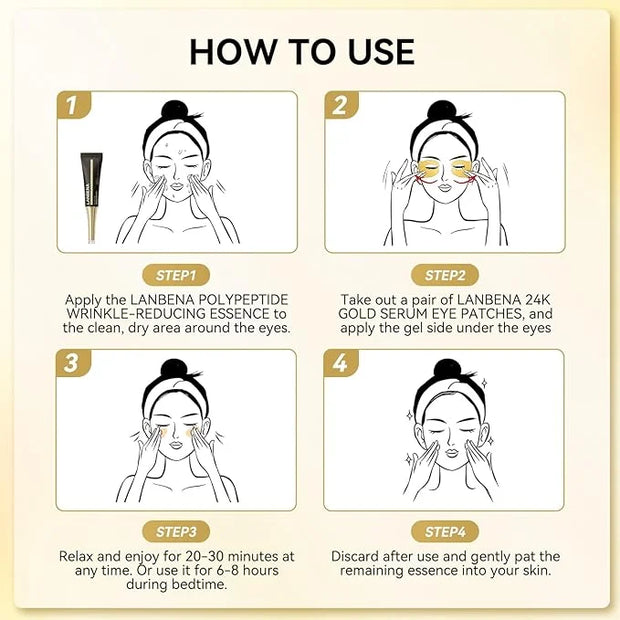 LANBENA Under Eye Patches (6 Pairs), Wrinkle-Reduce Essence(0.27 Fl.Oz), 24K Gold Full Around Gel Serum Mask, Puffy Undere...