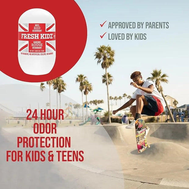 Fresh Kidz Roll On Deodorant for Kids and Teens - Baking Soda and Aluminum-free 24 Hour Protection for Sensitive Skin - Bo...