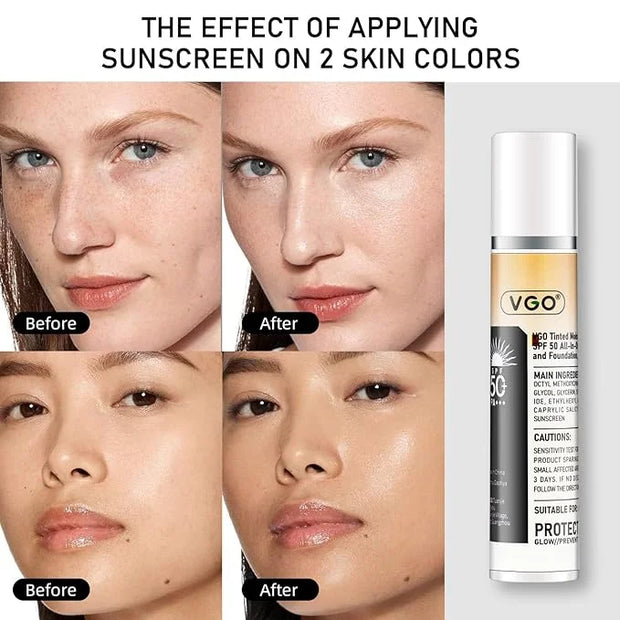 VGO Tinted Sunscreen with SPF 50, Hydrating Face Sunscreen Moisturizer Foundation Universal Face Sun Cream Makeup Against ...