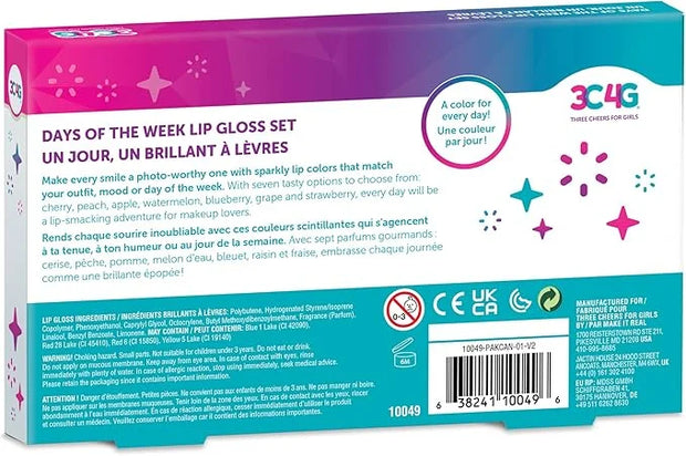 3C4G Days of the Week Lip Gloss Set for Girls - 7 Pack Kids Lip Gloss Kit for Girls, Tweens & Teens - Clear Flavored Lip G...