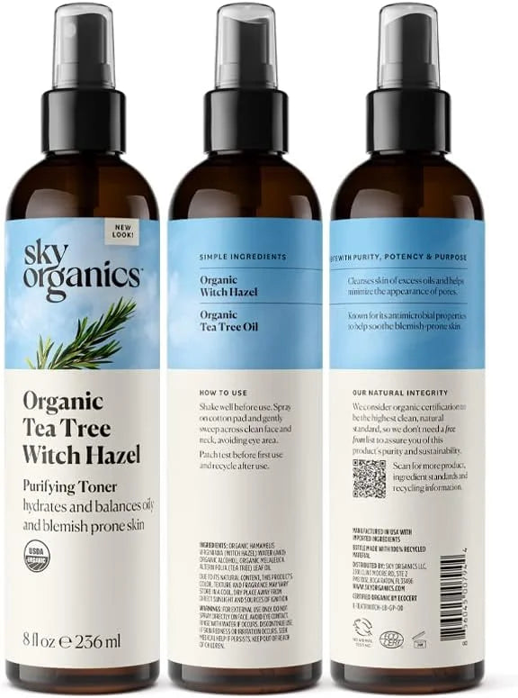 Sky Organics Organic Tea Tree & Witch Hazel for Face, Purifying Facial Toner to Hydrate, Soothe, Cleanse and Balance Blemi...
