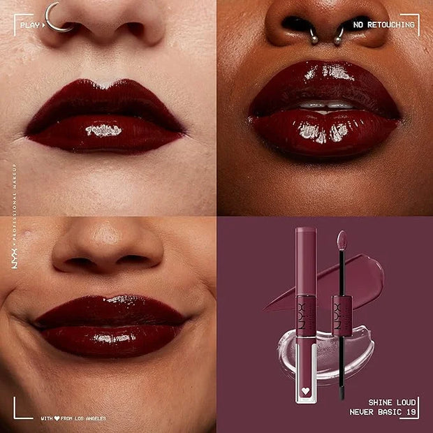 NYX PROFESSIONAL MAKEUP Shine Loud, Long-Lasting Liquid Lipstick with Clear Lip Gloss - Never Basic (Warm Burgundy) - Prod...