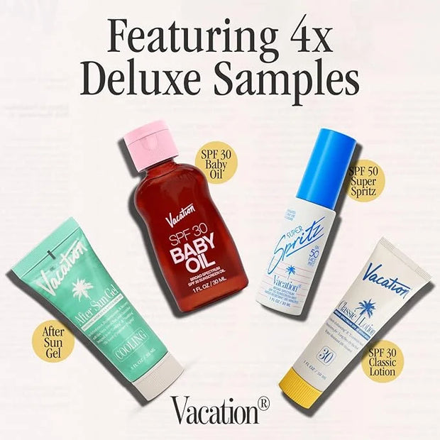 VACATION Sun Belt Sampler Kit, SPF 30-50 Sunscreen Pack, Includes Classic Lotion, Super Spritz Face Mist, Baby Oil, After ...