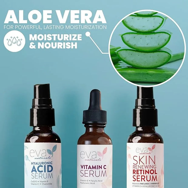 Eva Naturals Anti-Aging Serum Bundle - Vitamin C, Hyaluronic Acid, and Retinol | Face Serum Set for Skin Brightening, Hydr...