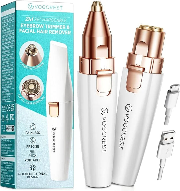 Rechargeable Eyebrow and Facial Hair Remover for Women - 2 in 1 Razor with Built-in LED Light for Painless Hair Removal - ...