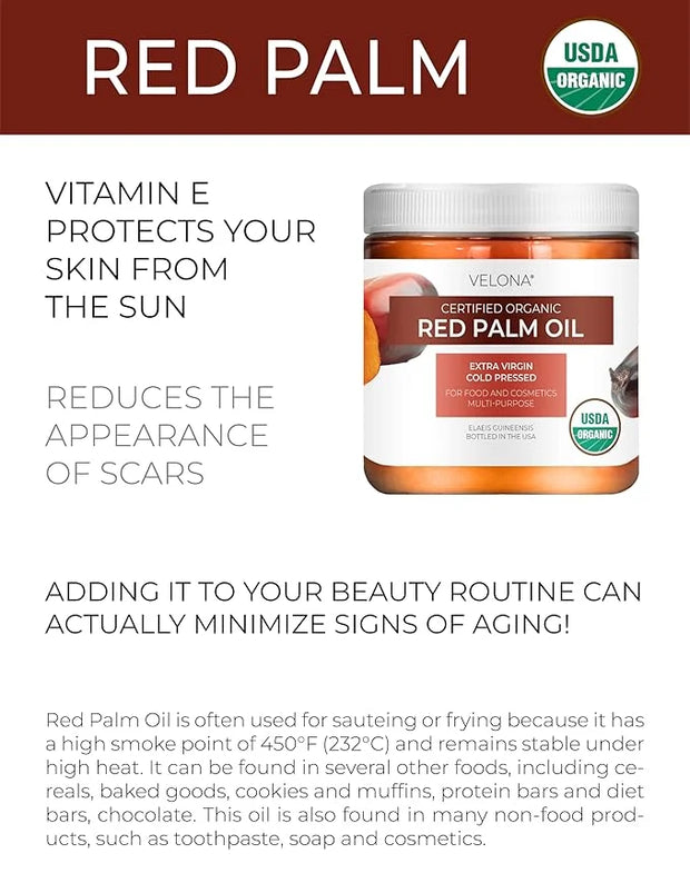 velona USDA Certified Organic Red Palm Oil 16 Fl Oz | Food and Cosmetic Grade | in jar | Extra Virgin, Cold Pressed | Skin...