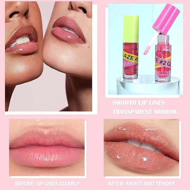 Lip Gloss Oil Set-2 Colors Hydrating Tinted Lipgloss Lip Glow Oil,Non-sticky Shiny and Vegan Lip Glaze, Glitter Crystal Je...