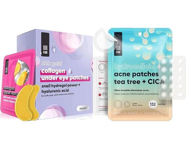 LE GUSHE K-BEAUTY Pimple Patches for Face (132 dots) & Under Eye Patches (30 Pairs). Gold Eye Mask with Collagen & Amino A...