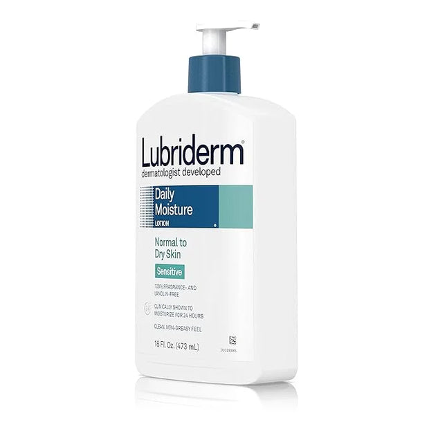 Lubriderm Daily Moisture Body Lotion for Sensitive, Dry Skin, Enriched with Vitamin B5, Dye and Lanolin Free, Unscented an...