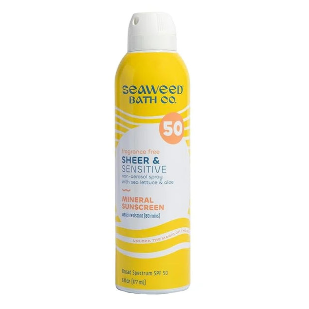 Seaweed Bath Co. Sheer Mineral Sensitive SPF 50 Broad Spectrum Sunscreen Spray, 6 Ounce, Fragrance Free, Sustainably Harve...